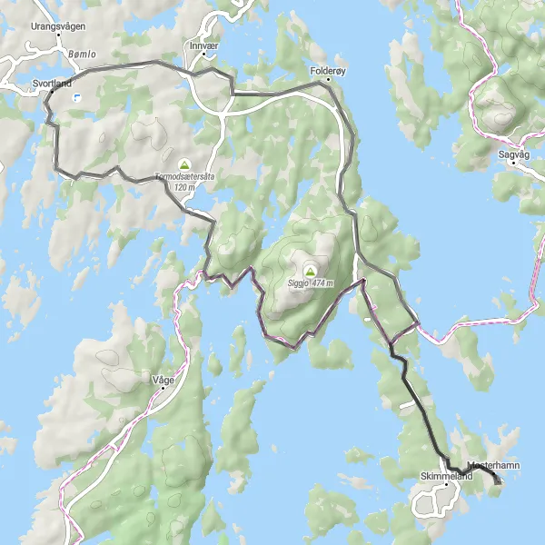 Map miniature of "Svortland to Mosterhamn Loop" cycling inspiration in Vestlandet, Norway. Generated by Tarmacs.app cycling route planner