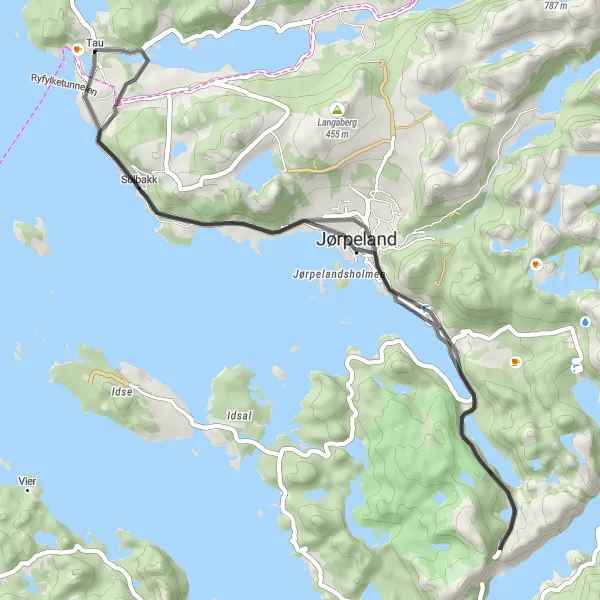 Kartminiatyr av "Sykkelopplevelse fra Ugeliåsen til Tau" sykkelinspirasjon i Vestlandet, Norway. Generert av Tarmacs.app sykkelrutoplanlegger