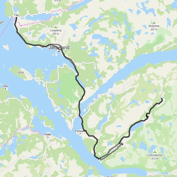 Map miniature of "Tau to Jørpeland Round-Trip" cycling inspiration in Vestlandet, Norway. Generated by Tarmacs.app cycling route planner