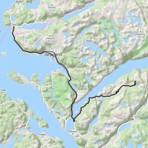 Kartminiatyr av "Kystperler og Fjellutsikt" sykkelinspirasjon i Vestlandet, Norway. Generert av Tarmacs.app sykkelrutoplanlegger