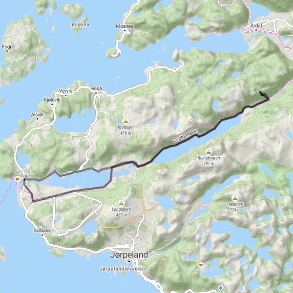Kartminiatyr av "Utforsk Bjørheimsbygda og Tysdalsvatnet på sykkel" sykkelinspirasjon i Vestlandet, Norway. Generert av Tarmacs.app sykkelrutoplanlegger