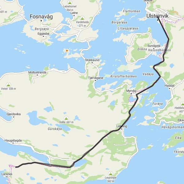 Map miniature of "Ulsteinvik - Djupvikhaugen - Hillehornet Round-trip" cycling inspiration in Vestlandet, Norway. Generated by Tarmacs.app cycling route planner