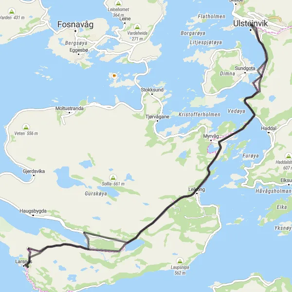 Map miniature of "Ulsteinvik and Surrounding Coastal Roads" cycling inspiration in Vestlandet, Norway. Generated by Tarmacs.app cycling route planner