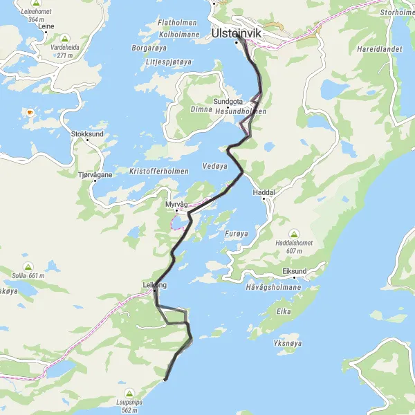 Map miniature of "Ulsteinvik Loop" cycling inspiration in Vestlandet, Norway. Generated by Tarmacs.app cycling route planner