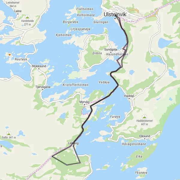 Map miniature of "Scenic Ulsteinvik" cycling inspiration in Vestlandet, Norway. Generated by Tarmacs.app cycling route planner