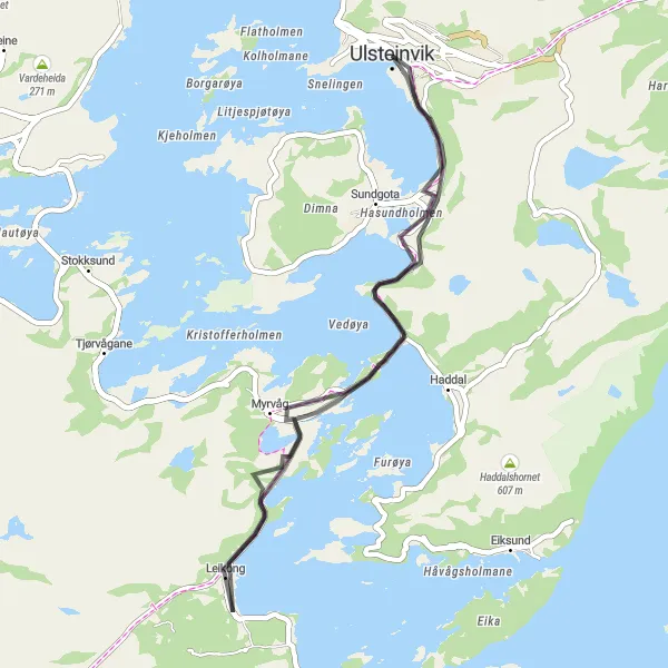 Map miniature of "Scenic Coastal Ride near Ulsteinvik" cycling inspiration in Vestlandet, Norway. Generated by Tarmacs.app cycling route planner