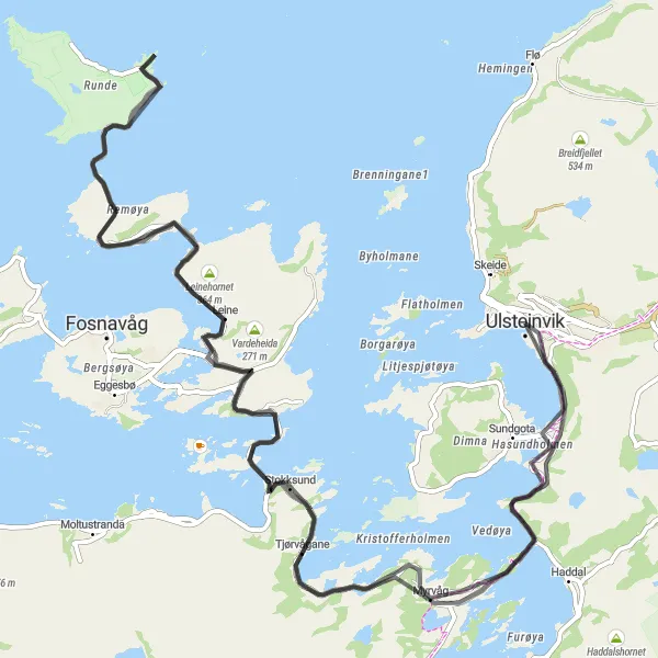 Map miniature of "Discover Breathtaking Scenic Routes from Ulsteinvik" cycling inspiration in Vestlandet, Norway. Generated by Tarmacs.app cycling route planner