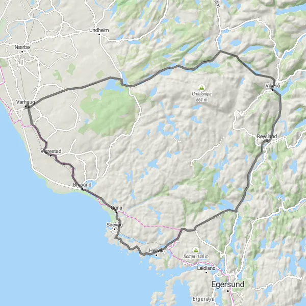 Map miniature of "Varhaug to Brusand Loop" cycling inspiration in Vestlandet, Norway. Generated by Tarmacs.app cycling route planner