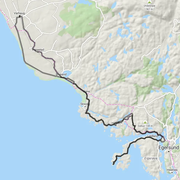 Kartminiatyr av "Brusand til Varhaug eventyr" sykkelinspirasjon i Vestlandet, Norway. Generert av Tarmacs.app sykkelrutoplanlegger
