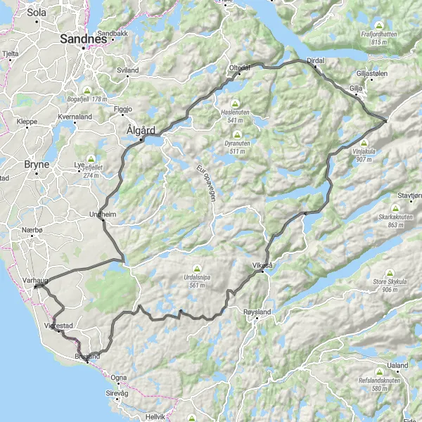 Kartminiatyr av "Varhaug til Gloppedalsura" sykkelinspirasjon i Vestlandet, Norway. Generert av Tarmacs.app sykkelrutoplanlegger