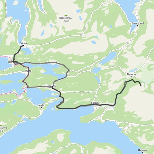 Map miniature of "Vatne to Stette Circuit" cycling inspiration in Vestlandet, Norway. Generated by Tarmacs.app cycling route planner