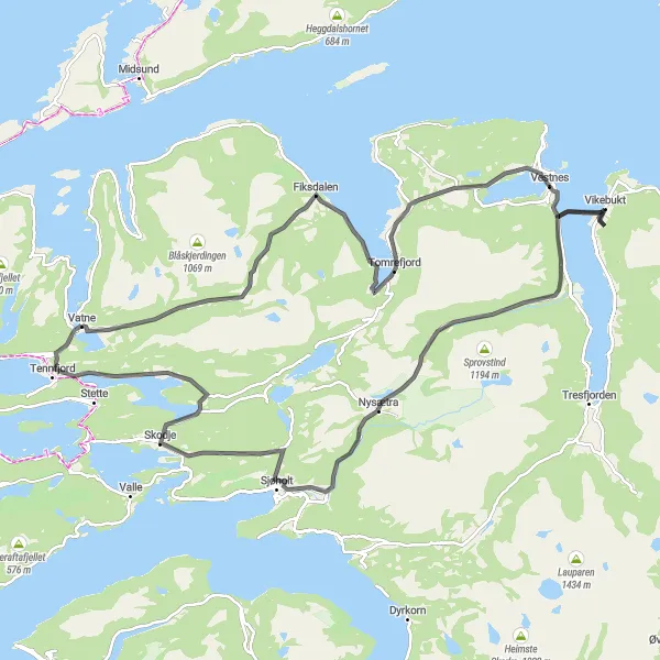 Map miniature of "Vatne Loop (Road)" cycling inspiration in Vestlandet, Norway. Generated by Tarmacs.app cycling route planner
