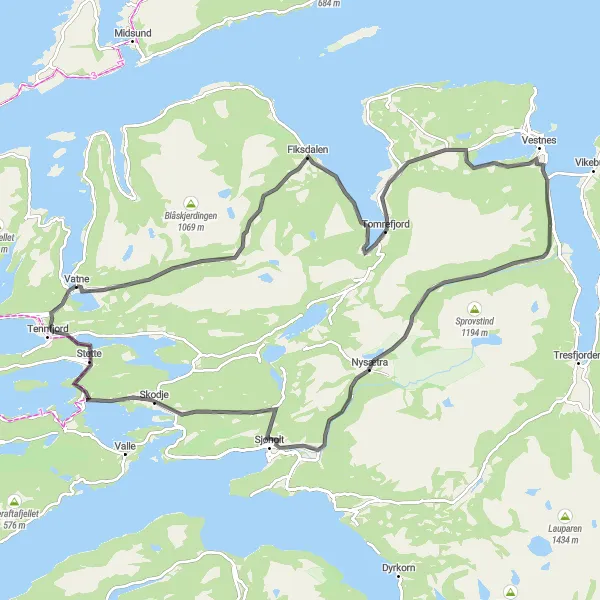 Map miniature of "Vatne to Skodje Circuit" cycling inspiration in Vestlandet, Norway. Generated by Tarmacs.app cycling route planner