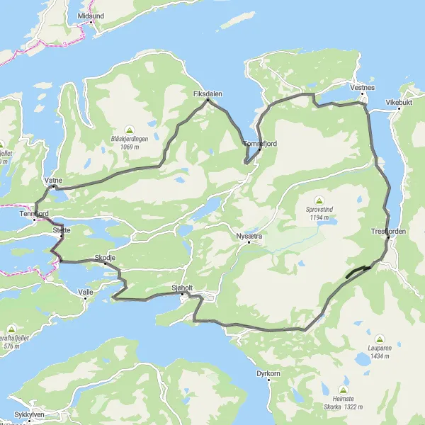 Kartminiatyr av "Vatne - Skodje - Vatne" sykkelinspirasjon i Vestlandet, Norway. Generert av Tarmacs.app sykkelrutoplanlegger