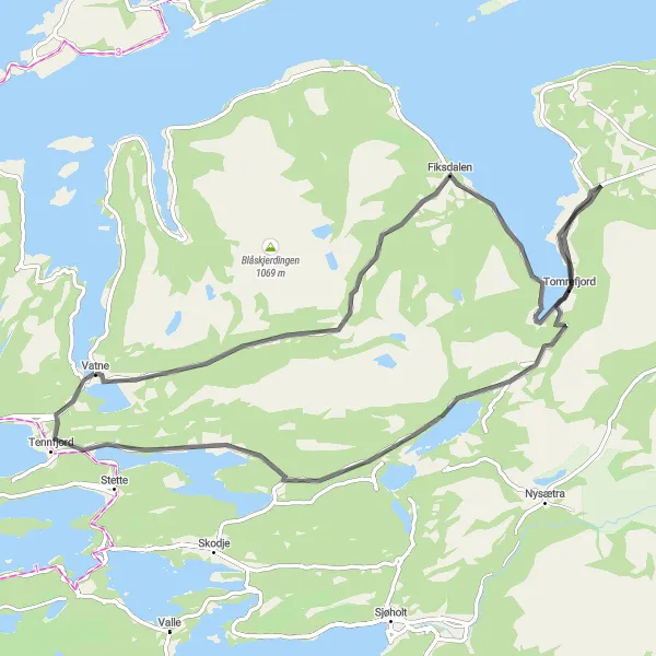 Map miniature of "Vatne to Tua Loop" cycling inspiration in Vestlandet, Norway. Generated by Tarmacs.app cycling route planner