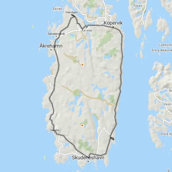 Kartminiatyr av "Åkrehamn og Skudeneshavn Oppdagelse" sykkelinspirasjon i Vestlandet, Norway. Generert av Tarmacs.app sykkelrutoplanlegger