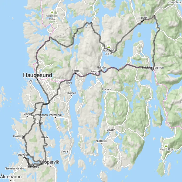 Kartminiatyr av "Haugesund til Norheim Eventyr" sykkelinspirasjon i Vestlandet, Norway. Generert av Tarmacs.app sykkelrutoplanlegger