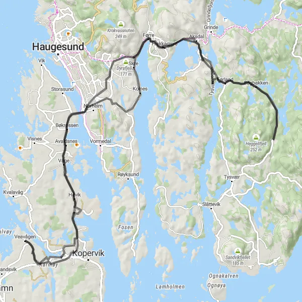 Kartminiatyr av "Karmøy og Dyrafjellet Loop" sykkelinspirasjon i Vestlandet, Norway. Generert av Tarmacs.app sykkelrutoplanlegger