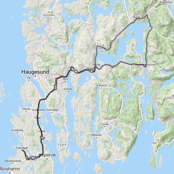 Kartminiatyr av "Avaldsnes til Bøkrossen Sykkelopplevelse" sykkelinspirasjon i Vestlandet, Norway. Generert av Tarmacs.app sykkelrutoplanlegger