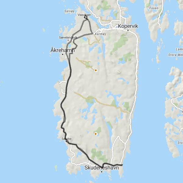 Kartminiatyr av "Veavågen - Skudeneshavn - Åkrehamn" sykkelinspirasjon i Vestlandet, Norway. Generert av Tarmacs.app sykkelrutoplanlegger