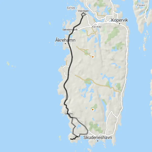 Map miniature of "Coastal Scenic Ride from Vedavågen to Åkrehamn" cycling inspiration in Vestlandet, Norway. Generated by Tarmacs.app cycling route planner