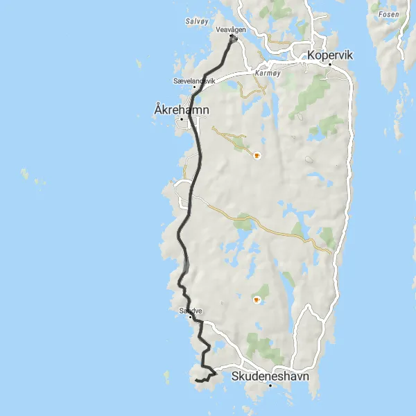 Map miniature of "Vedavågen to Åkrehamn Loop" cycling inspiration in Vestlandet, Norway. Generated by Tarmacs.app cycling route planner