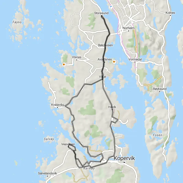 Map miniature of "Sund and Karmøy Coastal Loop" cycling inspiration in Vestlandet, Norway. Generated by Tarmacs.app cycling route planner