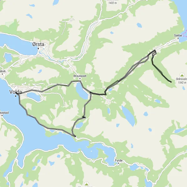 Map miniature of "Volda-Kavli-Vatne Circular Route" cycling inspiration in Vestlandet, Norway. Generated by Tarmacs.app cycling route planner