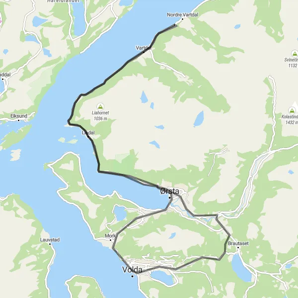 Map miniature of "Ørsta-Leira-Fagerhol Circular Route" cycling inspiration in Vestlandet, Norway. Generated by Tarmacs.app cycling route planner