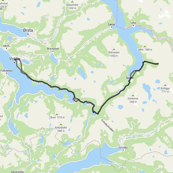 Map miniature of "Volda-Hornindal Circular Route" cycling inspiration in Vestlandet, Norway. Generated by Tarmacs.app cycling route planner