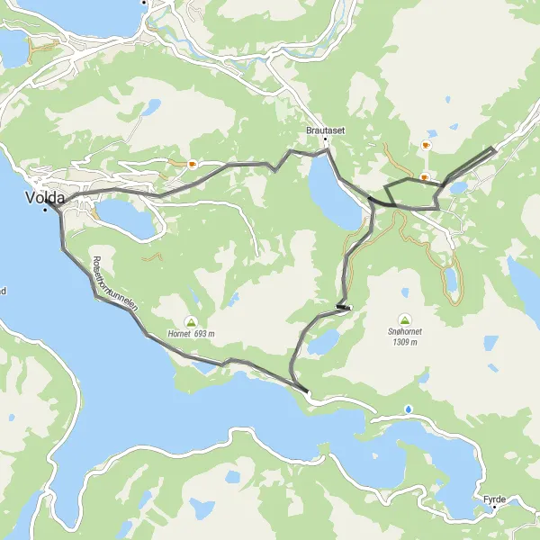 Map miniature of "Vatne-Hjartåbygda Express" cycling inspiration in Vestlandet, Norway. Generated by Tarmacs.app cycling route planner