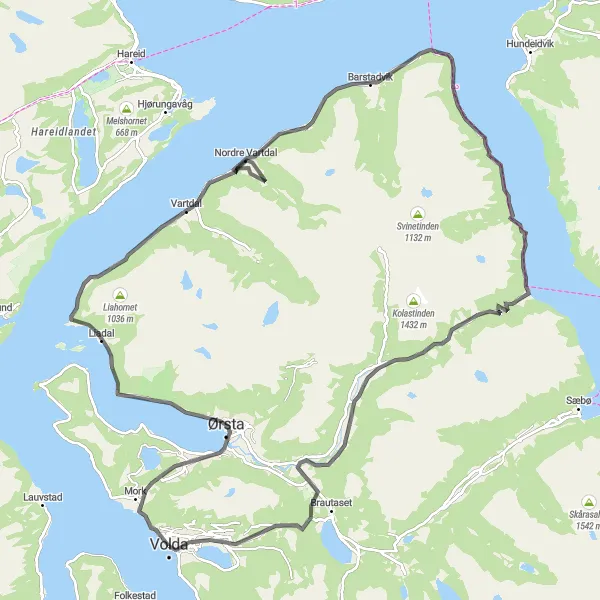 Kartminiatyr av "Ørsta - Vartdal - Festøykollen - Festøya" sykkelinspirasjon i Vestlandet, Norway. Generert av Tarmacs.app sykkelrutoplanlegger