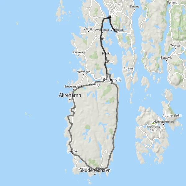 Map miniature of "A Scenic Journey through Avaldsnes, Kopervik, Skudeneshavn, Åkrehamn, and Bøkrossen" cycling inspiration in Vestlandet, Norway. Generated by Tarmacs.app cycling route planner