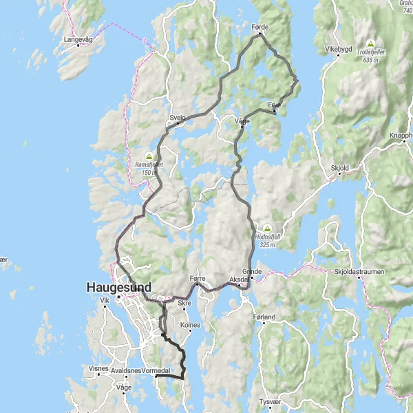 Map miniature of "Mountainous Splendor and Coastal Charms: Mosskardsfjellet to Vormedal" cycling inspiration in Vestlandet, Norway. Generated by Tarmacs.app cycling route planner