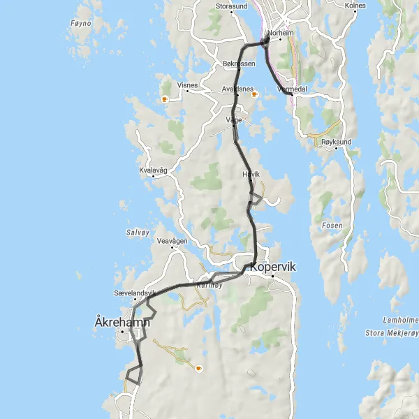 Kartminiatyr av "Kongeriket Avaldsnes" sykkelinspirasjon i Vestlandet, Norway. Generert av Tarmacs.app sykkelrutoplanlegger