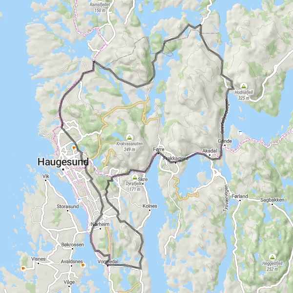 Kartminiatyr av "Fjell og Fjorder Eventyr" sykkelinspirasjon i Vestlandet, Norway. Generert av Tarmacs.app sykkelrutoplanlegger