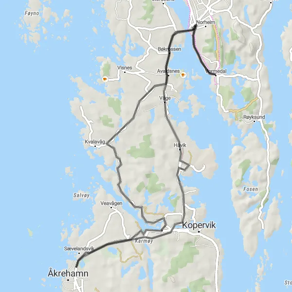 Map miniature of "Coastal Delights: Exploring Avaldsnes, Åkrehamn, and Bøkrossen" cycling inspiration in Vestlandet, Norway. Generated by Tarmacs.app cycling route planner