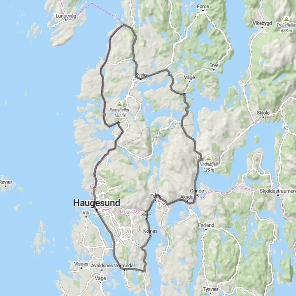 Kartminiatyr av "Haugesund til Aksdal sykkeltur" sykkelinspirasjon i Vestlandet, Norway. Generert av Tarmacs.app sykkelrutoplanlegger