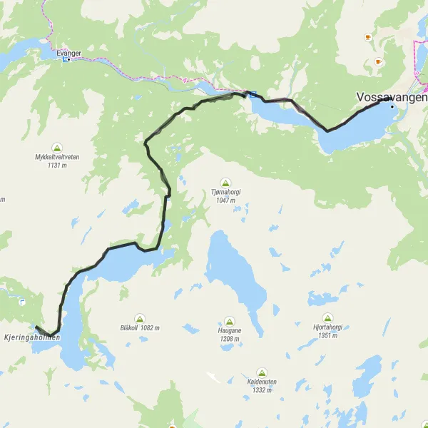 Map miniature of "Tranquil Journey to Vossavangen" cycling inspiration in Vestlandet, Norway. Generated by Tarmacs.app cycling route planner