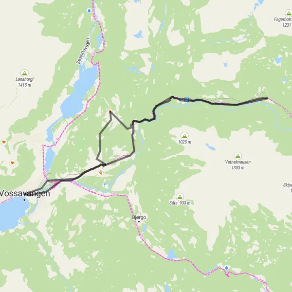 Kartminiatyr av "Vossavangen og Urdland Road Loop" sykkelinspirasjon i Vestlandet, Norway. Generert av Tarmacs.app sykkelrutoplanlegger