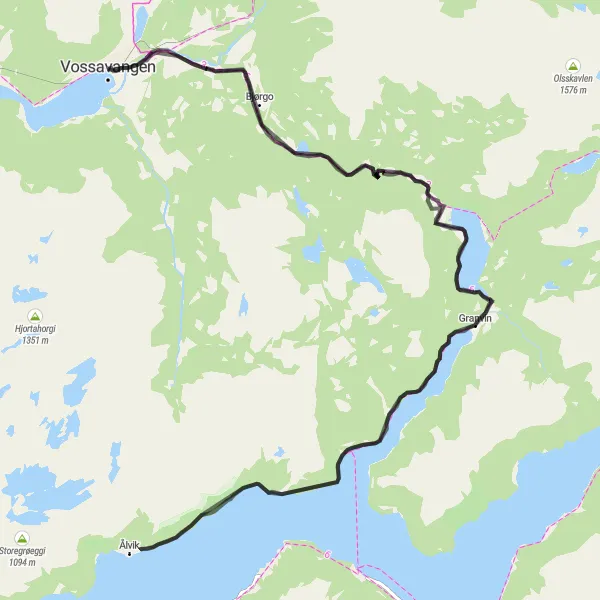 Map miniature of "The Granvinsvatnet Experience" cycling inspiration in Vestlandet, Norway. Generated by Tarmacs.app cycling route planner