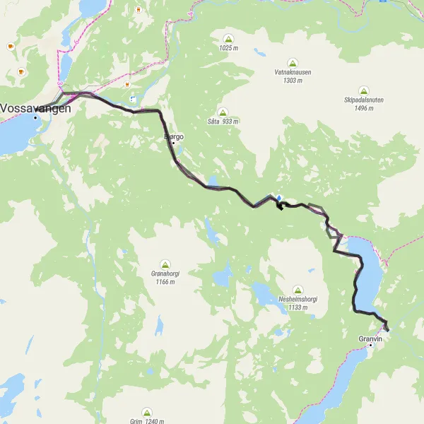 Map miniature of "Enchanting Nature of Vossavangen" cycling inspiration in Vestlandet, Norway. Generated by Tarmacs.app cycling route planner