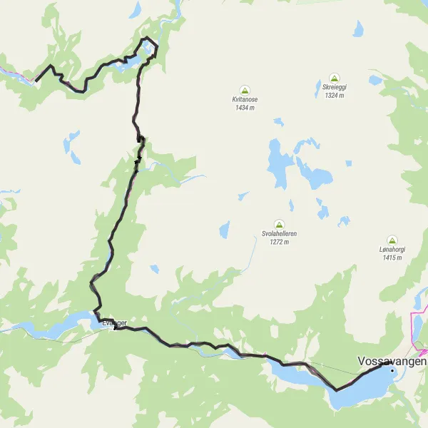 Kartminiatyr av "Voss til Vossavangen" sykkelinspirasjon i Vestlandet, Norway. Generert av Tarmacs.app sykkelrutoplanlegger