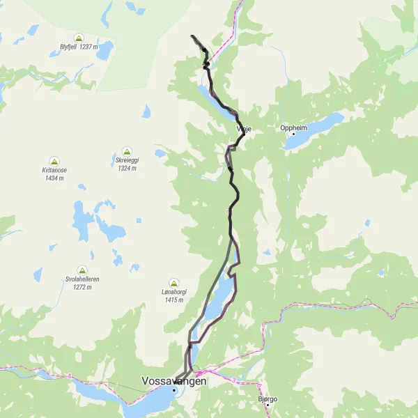 Map miniature of "Voss to Tvinnefossen Loop" cycling inspiration in Vestlandet, Norway. Generated by Tarmacs.app cycling route planner