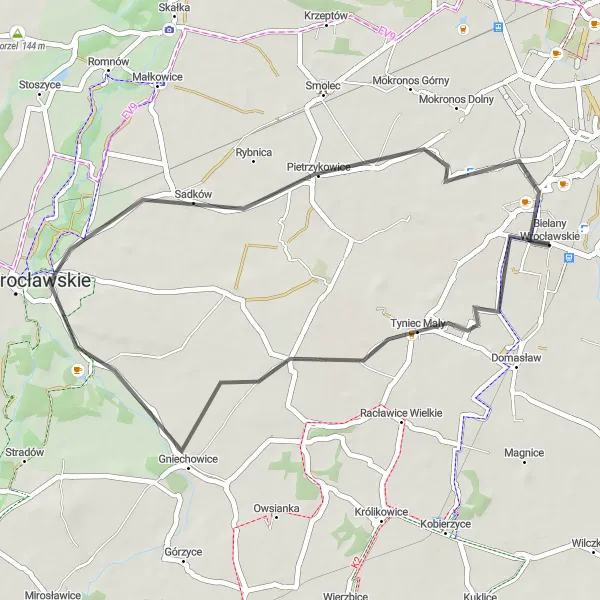 Map miniature of "Pietrzykowice Loop" cycling inspiration in Dolnośląskie, Poland. Generated by Tarmacs.app cycling route planner