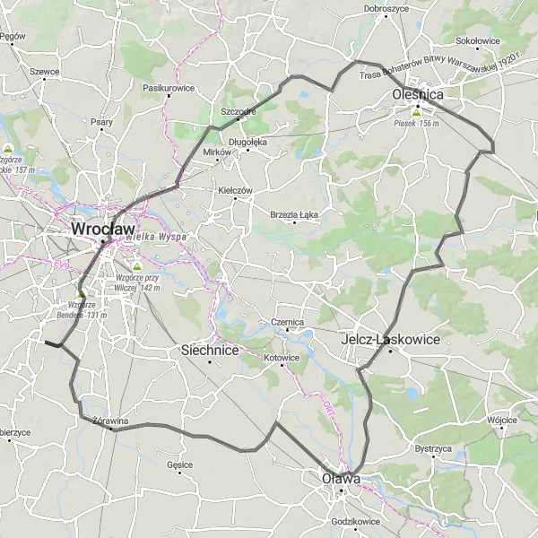 Miniatura mapy "Trasa Road do Wrocławia przez Wieżę Widokową" - trasy rowerowej w Dolnośląskie, Poland. Wygenerowane przez planer tras rowerowych Tarmacs.app