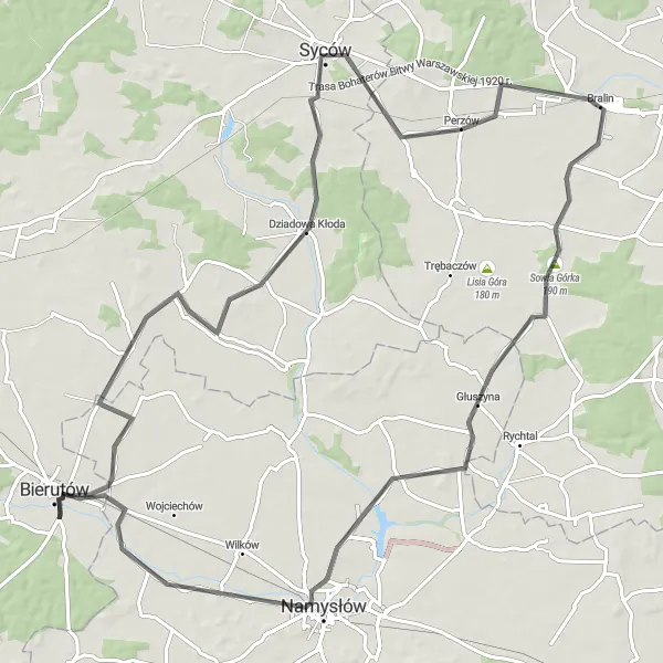 Miniatura mapy "Trasa z Bierutowa do Namysłowa przez Dziadową Kłodę i Górę Czarownic" - trasy rowerowej w Dolnośląskie, Poland. Wygenerowane przez planer tras rowerowych Tarmacs.app