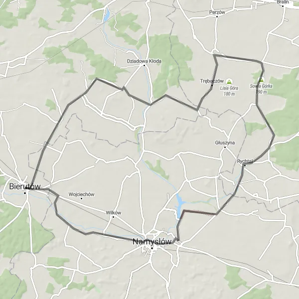 Miniatura mapy "Trasa z Bierutowa do Namysłowa przez Wabienice i Rychtal" - trasy rowerowej w Dolnośląskie, Poland. Wygenerowane przez planer tras rowerowych Tarmacs.app