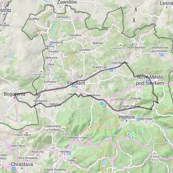 Map miniature of "Road Cycling Tour of Beautiful Landscapes" cycling inspiration in Dolnośląskie, Poland. Generated by Tarmacs.app cycling route planner