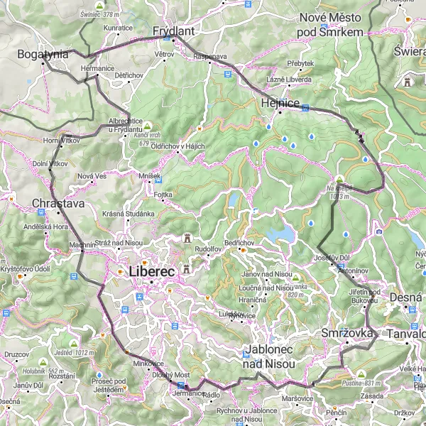 Map miniature of "Journey through the Jizera Mountains" cycling inspiration in Dolnośląskie, Poland. Generated by Tarmacs.app cycling route planner